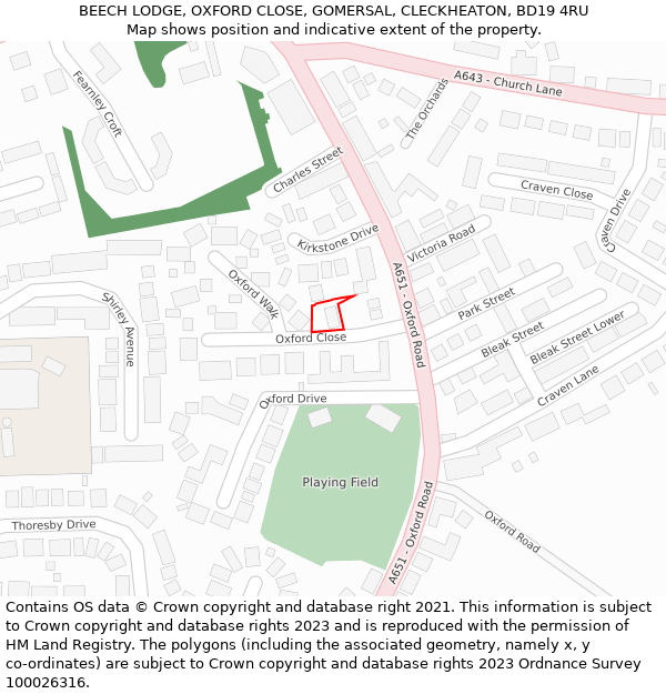 BEECH LODGE, OXFORD CLOSE, GOMERSAL, CLECKHEATON, BD19 4RU: Location map and indicative extent of plot