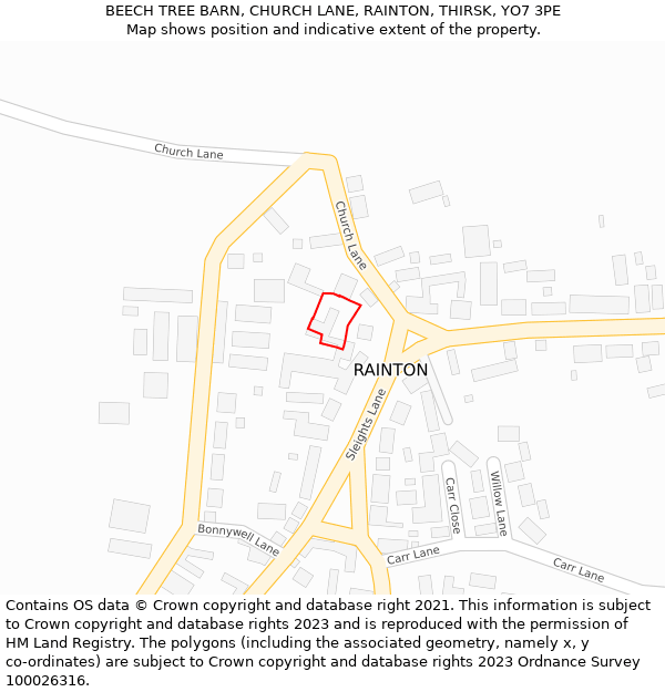 BEECH TREE BARN, CHURCH LANE, RAINTON, THIRSK, YO7 3PE: Location map and indicative extent of plot
