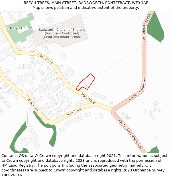 BEECH TREES, MAIN STREET, BADSWORTH, PONTEFRACT, WF9 1AF: Location map and indicative extent of plot