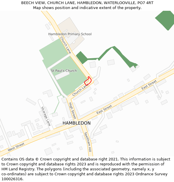 BEECH VIEW, CHURCH LANE, HAMBLEDON, WATERLOOVILLE, PO7 4RT: Location map and indicative extent of plot