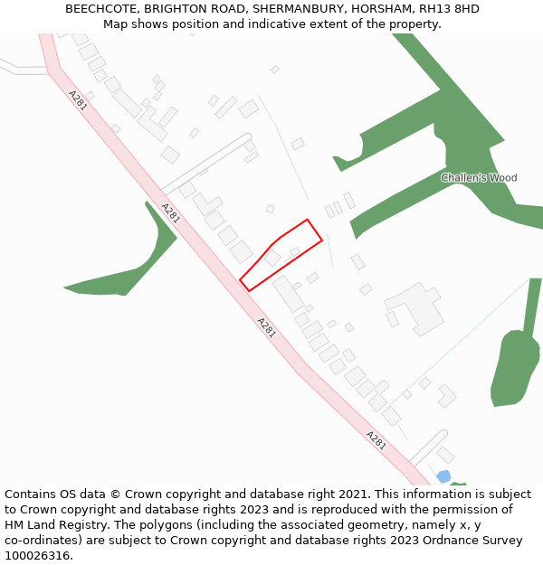 BEECHCOTE, BRIGHTON ROAD, SHERMANBURY, HORSHAM, RH13 8HD: Location map and indicative extent of plot