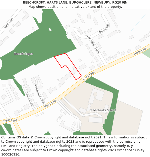 BEECHCROFT, HARTS LANE, BURGHCLERE, NEWBURY, RG20 9JN: Location map and indicative extent of plot