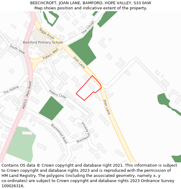 BEECHCROFT, JOAN LANE, BAMFORD, HOPE VALLEY, S33 0AW: Location map and indicative extent of plot