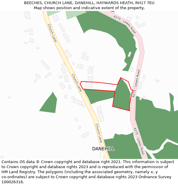 BEECHES, CHURCH LANE, DANEHILL, HAYWARDS HEATH, RH17 7EU: Location map and indicative extent of plot