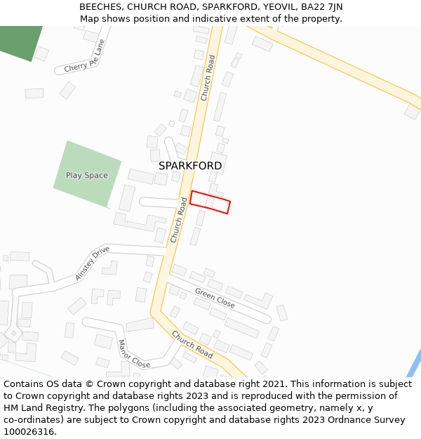 BEECHES, CHURCH ROAD, SPARKFORD, YEOVIL, BA22 7JN: Location map and indicative extent of plot