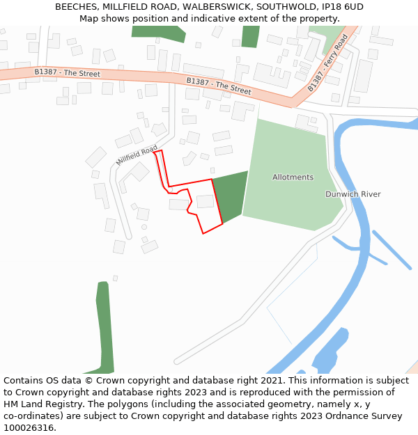 BEECHES, MILLFIELD ROAD, WALBERSWICK, SOUTHWOLD, IP18 6UD: Location map and indicative extent of plot