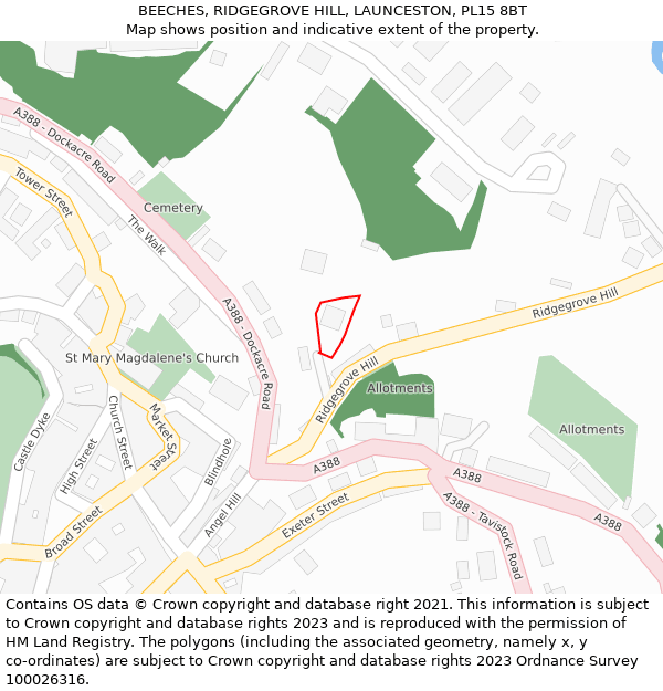 BEECHES, RIDGEGROVE HILL, LAUNCESTON, PL15 8BT: Location map and indicative extent of plot