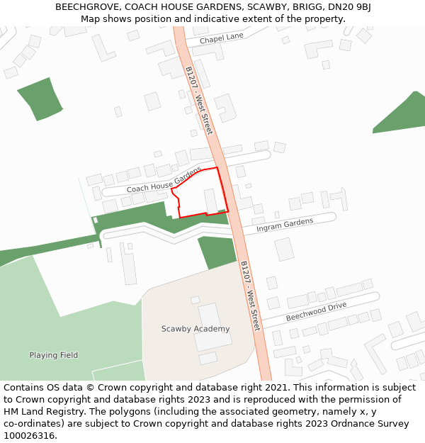 BEECHGROVE, COACH HOUSE GARDENS, SCAWBY, BRIGG, DN20 9BJ: Location map and indicative extent of plot