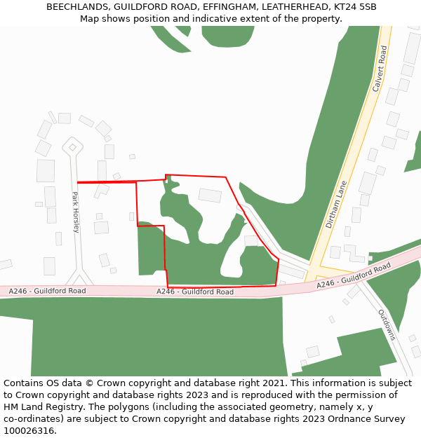 BEECHLANDS, GUILDFORD ROAD, EFFINGHAM, LEATHERHEAD, KT24 5SB: Location map and indicative extent of plot
