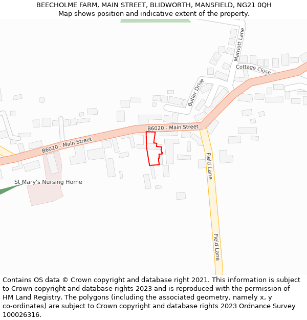 BEECHOLME FARM, MAIN STREET, BLIDWORTH, MANSFIELD, NG21 0QH: Location map and indicative extent of plot