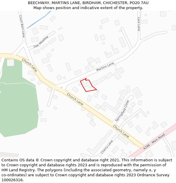 BEECHWAY, MARTINS LANE, BIRDHAM, CHICHESTER, PO20 7AU: Location map and indicative extent of plot