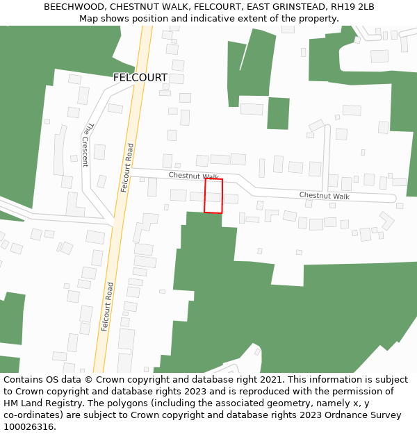 BEECHWOOD, CHESTNUT WALK, FELCOURT, EAST GRINSTEAD, RH19 2LB: Location map and indicative extent of plot