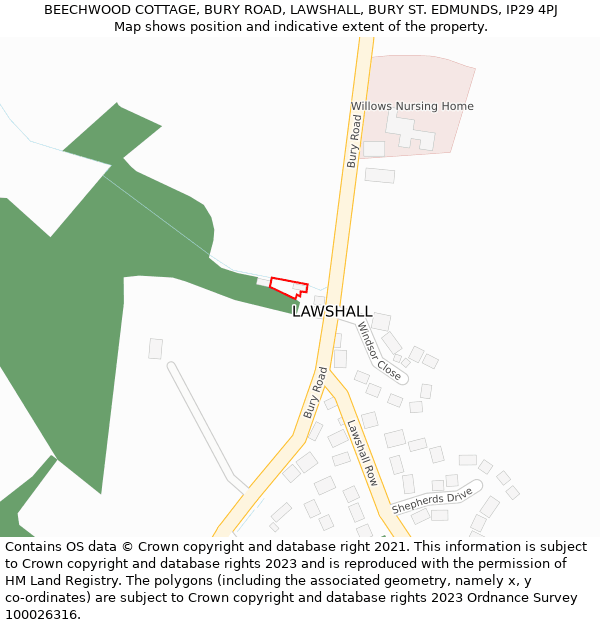 BEECHWOOD COTTAGE, BURY ROAD, LAWSHALL, BURY ST. EDMUNDS, IP29 4PJ: Location map and indicative extent of plot