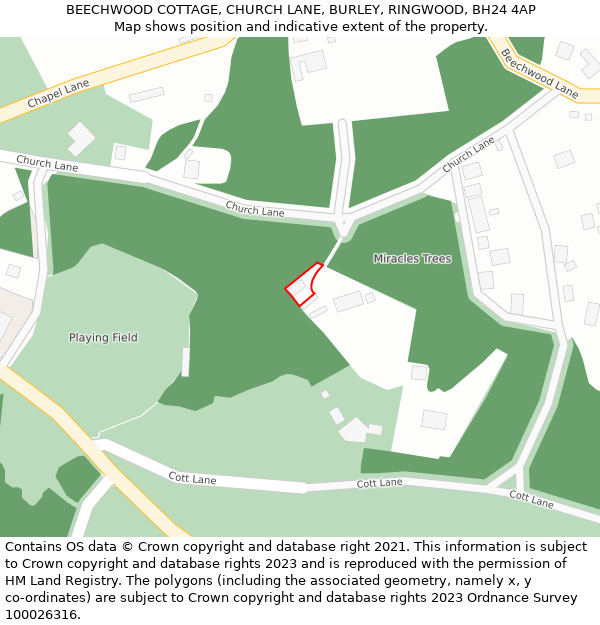 BEECHWOOD COTTAGE, CHURCH LANE, BURLEY, RINGWOOD, BH24 4AP: Location map and indicative extent of plot