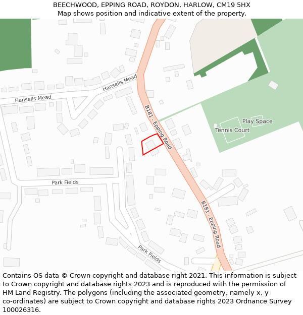 BEECHWOOD, EPPING ROAD, ROYDON, HARLOW, CM19 5HX: Location map and indicative extent of plot