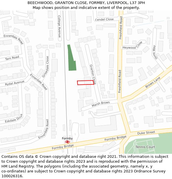 BEECHWOOD, GRANTON CLOSE, FORMBY, LIVERPOOL, L37 3PH: Location map and indicative extent of plot