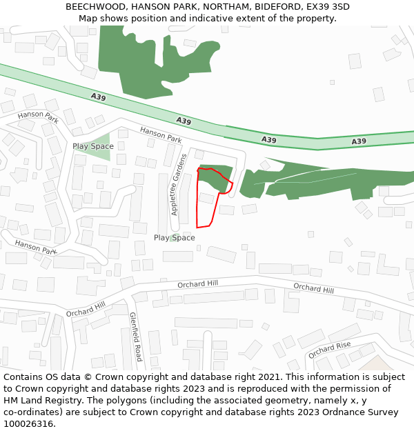 BEECHWOOD, HANSON PARK, NORTHAM, BIDEFORD, EX39 3SD: Location map and indicative extent of plot