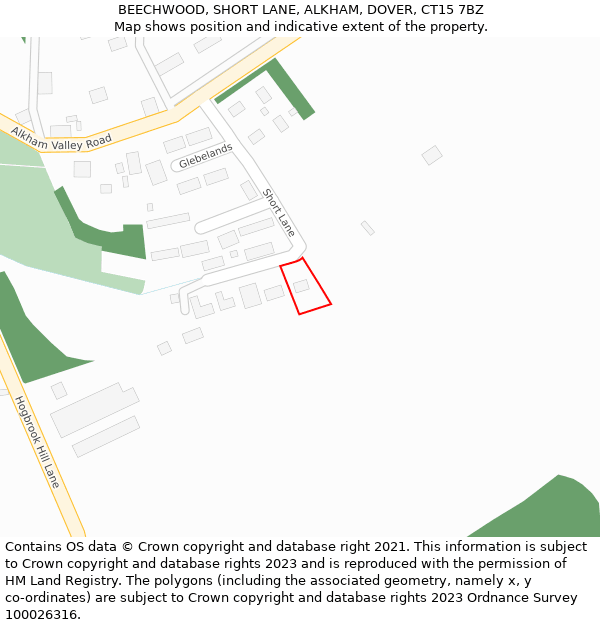 BEECHWOOD, SHORT LANE, ALKHAM, DOVER, CT15 7BZ: Location map and indicative extent of plot