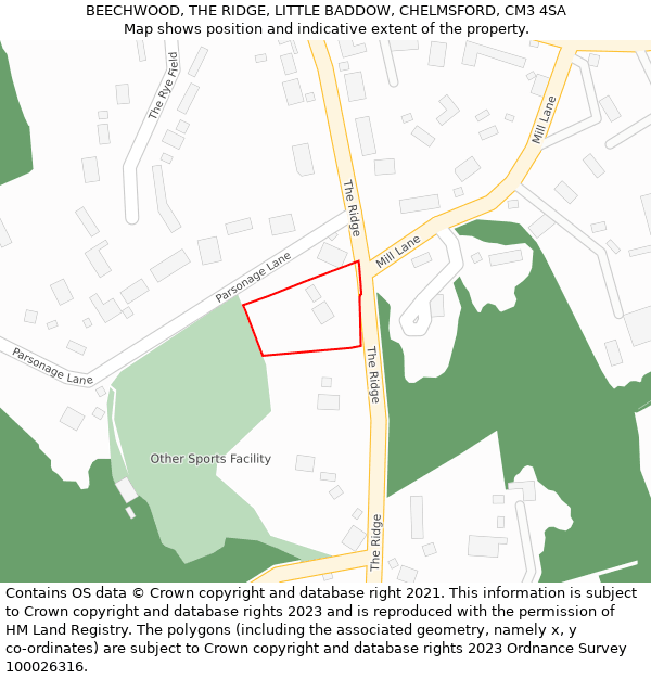 BEECHWOOD, THE RIDGE, LITTLE BADDOW, CHELMSFORD, CM3 4SA: Location map and indicative extent of plot