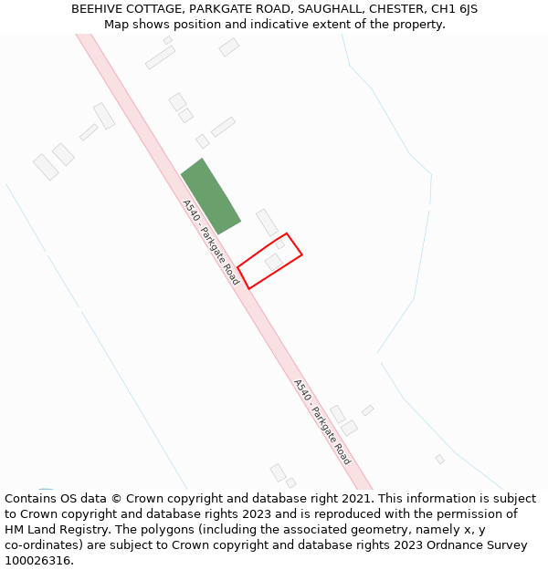 BEEHIVE COTTAGE, PARKGATE ROAD, SAUGHALL, CHESTER, CH1 6JS: Location map and indicative extent of plot