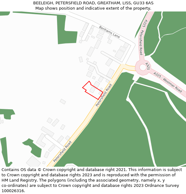 BEELEIGH, PETERSFIELD ROAD, GREATHAM, LISS, GU33 6AS: Location map and indicative extent of plot