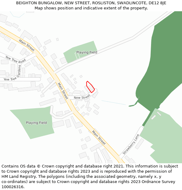 BEIGHTON BUNGALOW, NEW STREET, ROSLISTON, SWADLINCOTE, DE12 8JE: Location map and indicative extent of plot