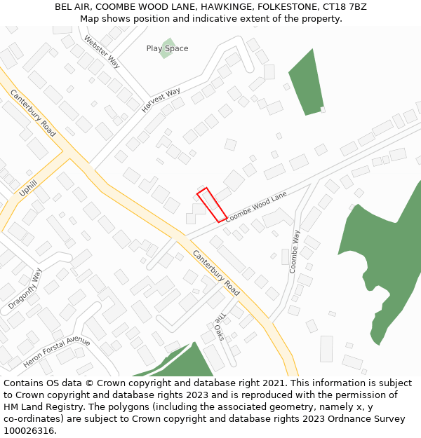 BEL AIR, COOMBE WOOD LANE, HAWKINGE, FOLKESTONE, CT18 7BZ: Location map and indicative extent of plot