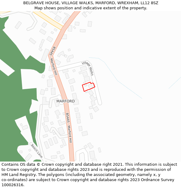 BELGRAVE HOUSE, VILLAGE WALKS, MARFORD, WREXHAM, LL12 8SZ: Location map and indicative extent of plot