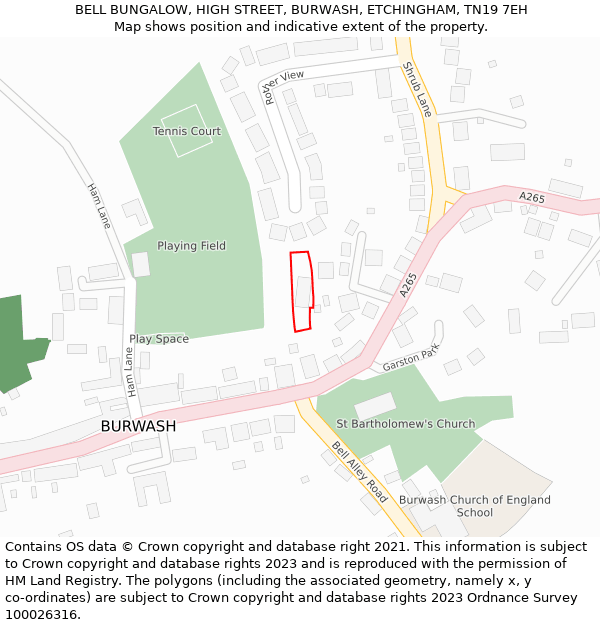 BELL BUNGALOW, HIGH STREET, BURWASH, ETCHINGHAM, TN19 7EH: Location map and indicative extent of plot