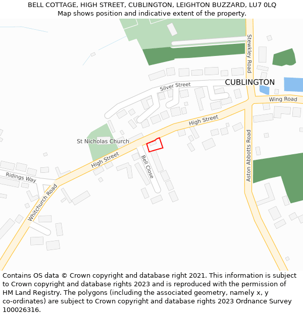 BELL COTTAGE, HIGH STREET, CUBLINGTON, LEIGHTON BUZZARD, LU7 0LQ: Location map and indicative extent of plot