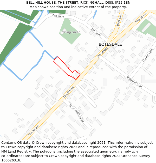 BELL HILL HOUSE, THE STREET, RICKINGHALL, DISS, IP22 1BN: Location map and indicative extent of plot