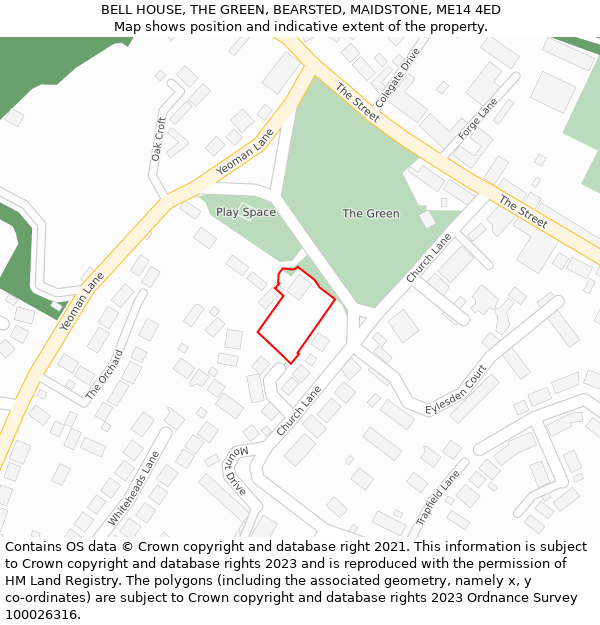 BELL HOUSE, THE GREEN, BEARSTED, MAIDSTONE, ME14 4ED: Location map and indicative extent of plot