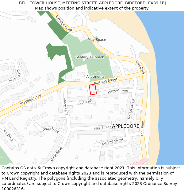 BELL TOWER HOUSE, MEETING STREET, APPLEDORE, BIDEFORD, EX39 1RJ: Location map and indicative extent of plot