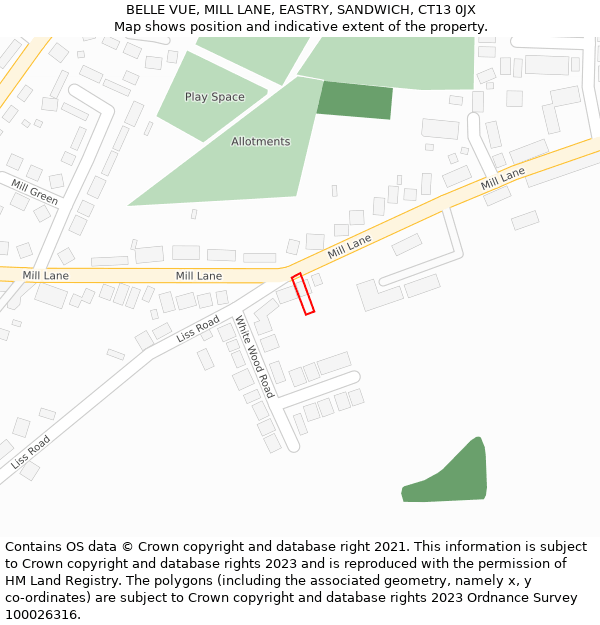 BELLE VUE, MILL LANE, EASTRY, SANDWICH, CT13 0JX: Location map and indicative extent of plot