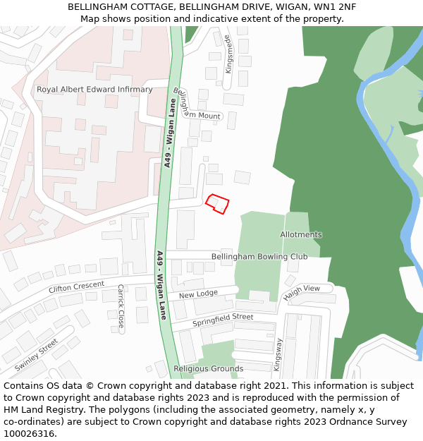 BELLINGHAM COTTAGE, BELLINGHAM DRIVE, WIGAN, WN1 2NF: Location map and indicative extent of plot