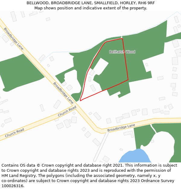 BELLWOOD, BROADBRIDGE LANE, SMALLFIELD, HORLEY, RH6 9RF: Location map and indicative extent of plot