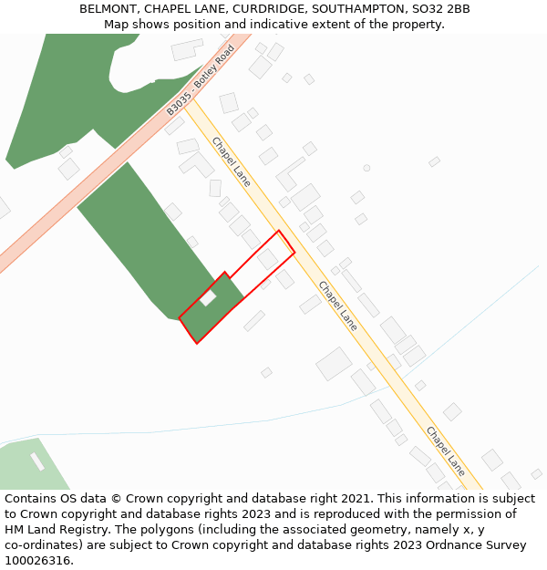 BELMONT, CHAPEL LANE, CURDRIDGE, SOUTHAMPTON, SO32 2BB: Location map and indicative extent of plot