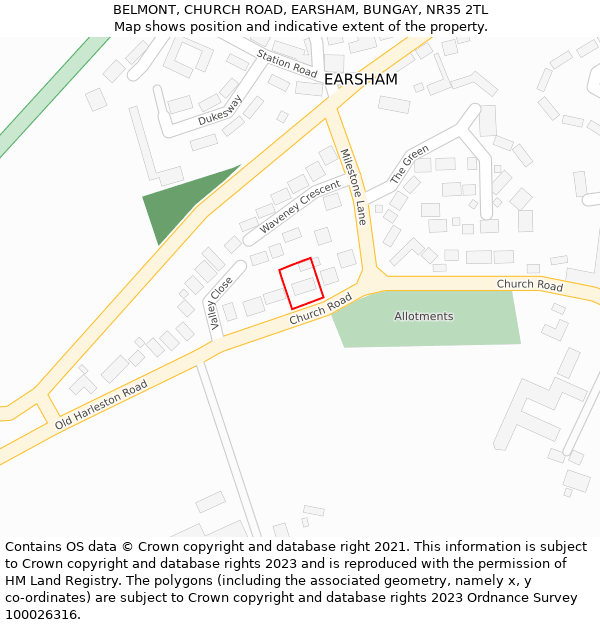 BELMONT, CHURCH ROAD, EARSHAM, BUNGAY, NR35 2TL: Location map and indicative extent of plot