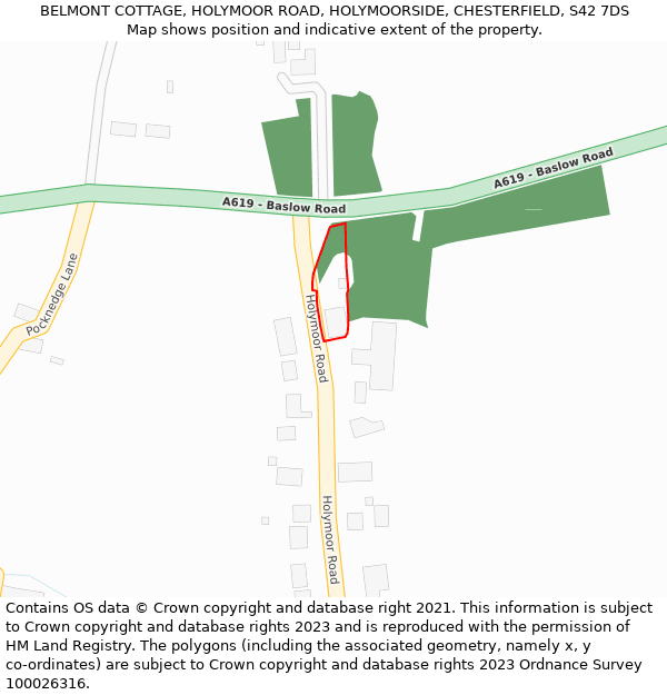 BELMONT COTTAGE, HOLYMOOR ROAD, HOLYMOORSIDE, CHESTERFIELD, S42 7DS: Location map and indicative extent of plot