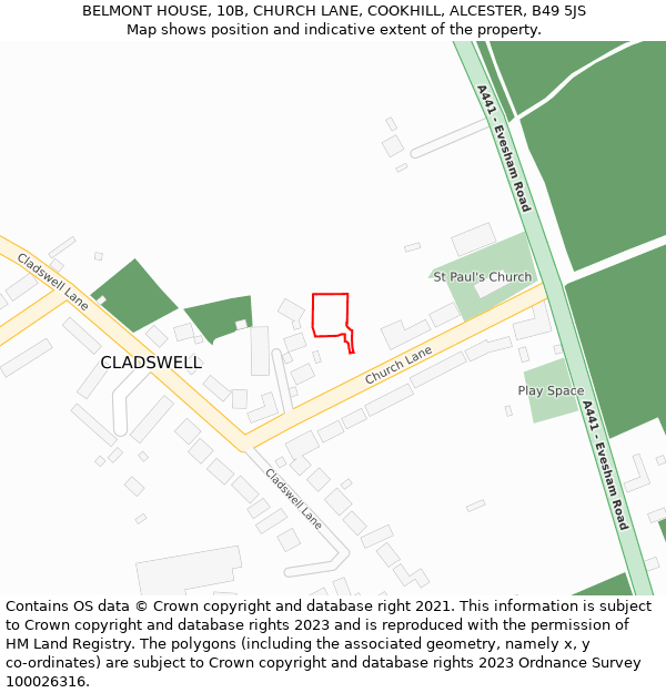 BELMONT HOUSE, 10B, CHURCH LANE, COOKHILL, ALCESTER, B49 5JS: Location map and indicative extent of plot