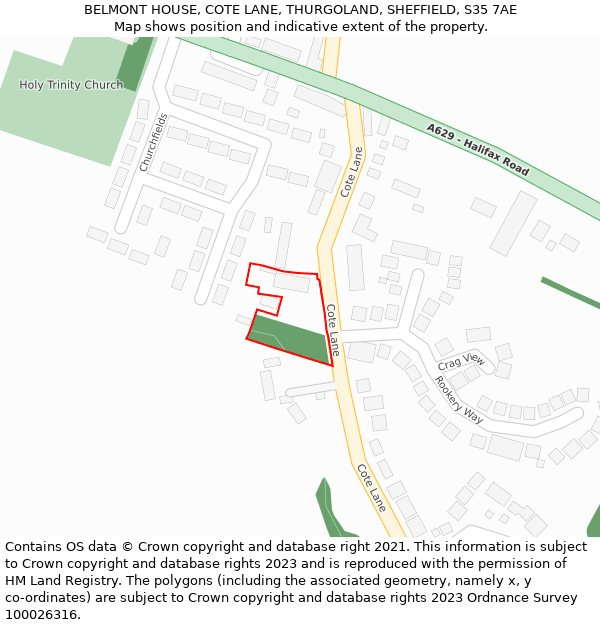 BELMONT HOUSE, COTE LANE, THURGOLAND, SHEFFIELD, S35 7AE: Location map and indicative extent of plot