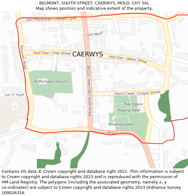 BELMONT, SOUTH STREET, CAERWYS, MOLD, CH7 5AL: Location map and indicative extent of plot