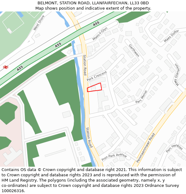 BELMONT, STATION ROAD, LLANFAIRFECHAN, LL33 0BD: Location map and indicative extent of plot