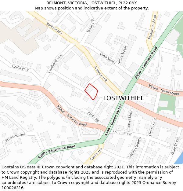 BELMONT, VICTORIA, LOSTWITHIEL, PL22 0AX: Location map and indicative extent of plot