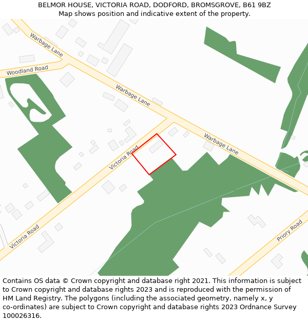 BELMOR HOUSE, VICTORIA ROAD, DODFORD, BROMSGROVE, B61 9BZ: Location map and indicative extent of plot