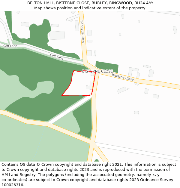 BELTON HALL, BISTERNE CLOSE, BURLEY, RINGWOOD, BH24 4AY: Location map and indicative extent of plot