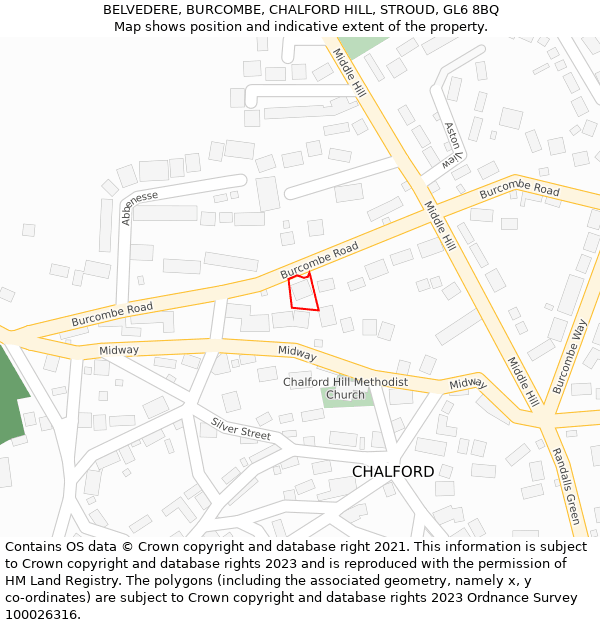 BELVEDERE, BURCOMBE, CHALFORD HILL, STROUD, GL6 8BQ: Location map and indicative extent of plot