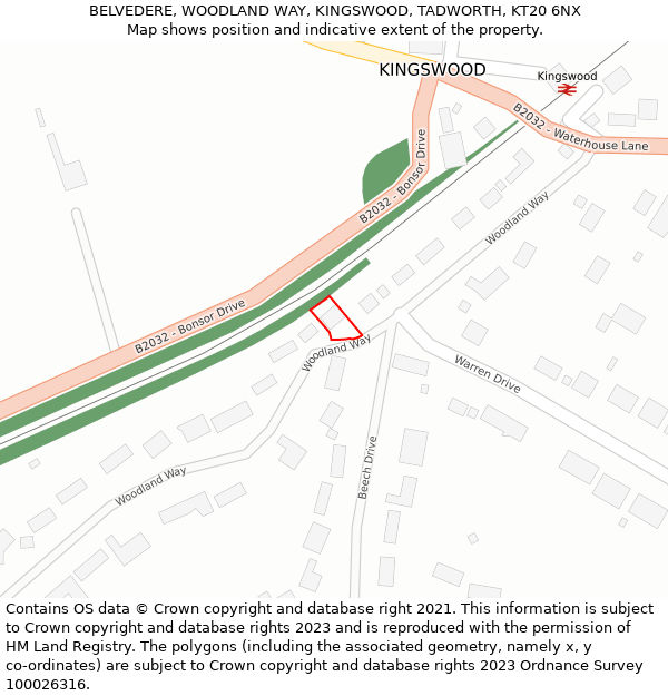 BELVEDERE, WOODLAND WAY, KINGSWOOD, TADWORTH, KT20 6NX: Location map and indicative extent of plot