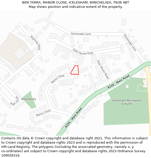 BEN TARRA, MANOR CLOSE, ICKLESHAM, WINCHELSEA, TN36 4BT: Location map and indicative extent of plot