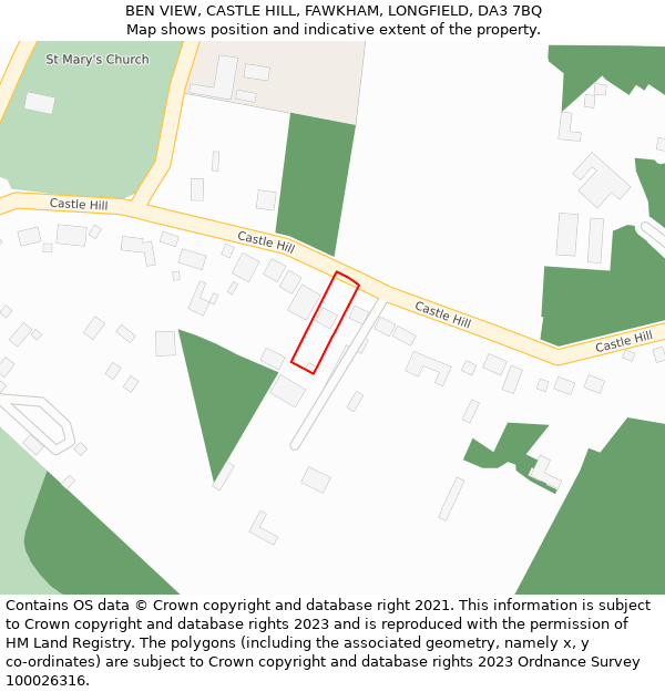 BEN VIEW, CASTLE HILL, FAWKHAM, LONGFIELD, DA3 7BQ: Location map and indicative extent of plot